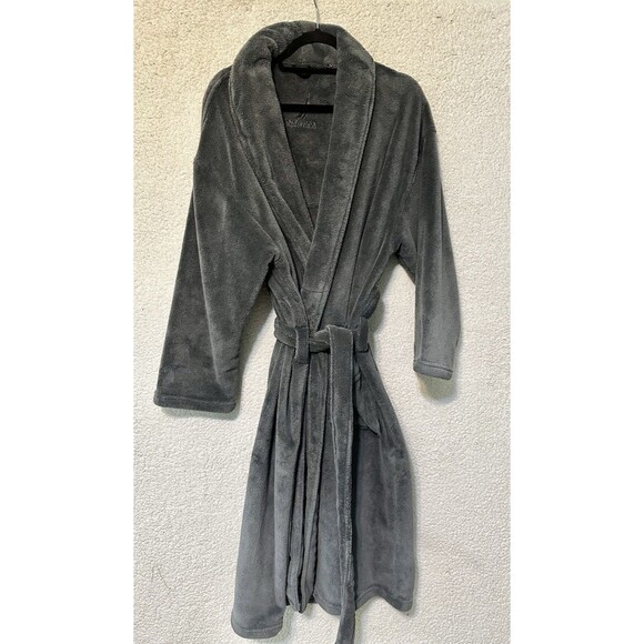 Nautica Men Plush Belted Collar Gray Long Robe One Size Regular Embroidered - Picture 2 of 15